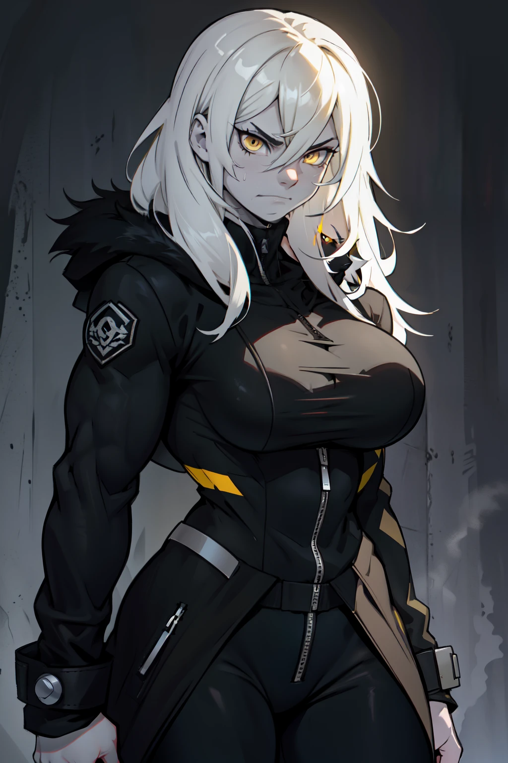 (pale skin girl) (1girl muscular grey background bodybuilder) toned body huge breasts (thin waist) black hair yellow eyes straight hair sweaty hair between eyes (black fur trim coat) frowning black suit dark atmosphere