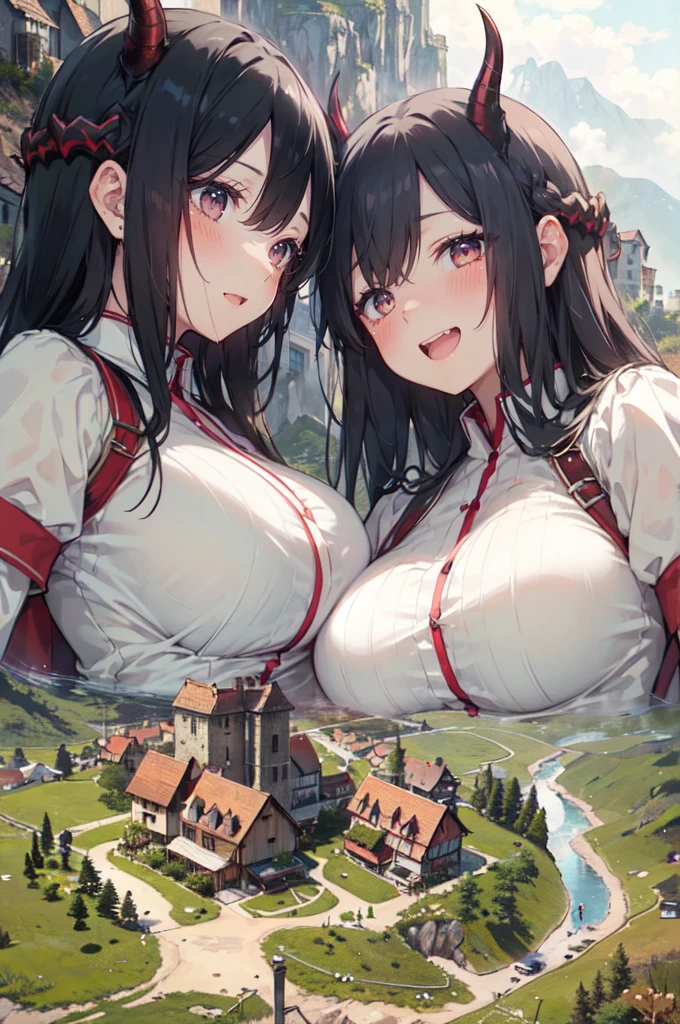 (2girls:1.3), (yuri:1.3), they embrace each other, (height_difference:1.2), cliffs, hills, rivers, mountains
(village from above: 1.2),
huge (breasts), (tall:1.1), (giantess:1.2), happy, blushing, Demon girl, long tongue, (a tiny village from above: 1.2), blushing,>:D, happy. :o, shiny skin, sweaty, horns, demon girl,