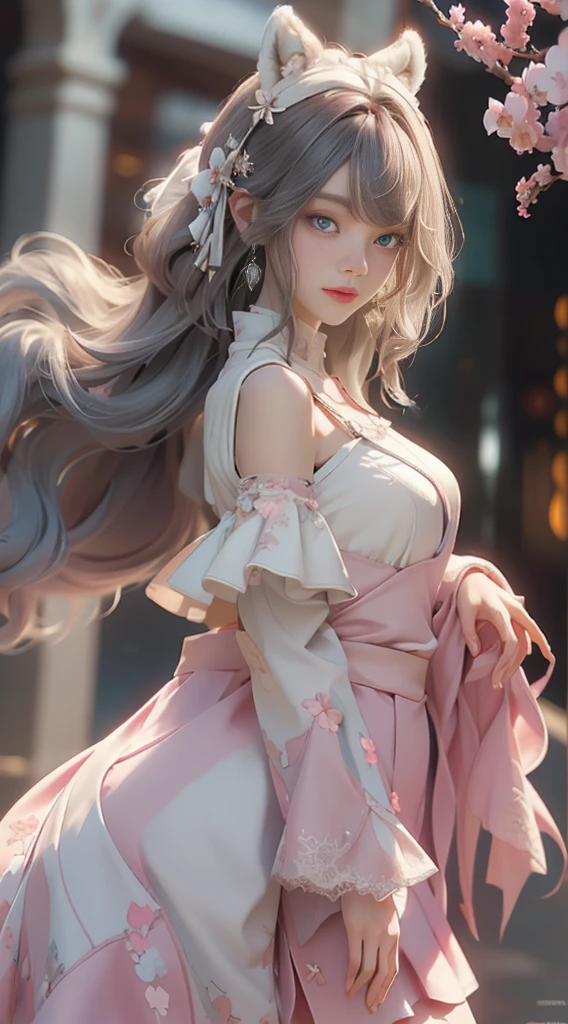 ((best qualtiy)), ((tmasterpiece)), (detail:1.4), Beautiful cyberpunk female images,hdr(HighDynamicRange),Ray traching,NVIDIA RTX,Hyper-Resolution,illusory 5,sub surface scattering,PBR textures,post-proces,Anisotropy Filtering,depth of fields,maximum definition and sharpness,Many-Layer Textures,Albedo e mapas Speculares,Surface coloring,Mitsu-Accurate simulation of material interactions,perfectly proportioned,rendering by octane,Two-colored light,largeaperture,Low ISO,White balance,Rule three points、8K raw data、Beautiful bright blue pupils,off-the-shoulder clothes,Fine pupils,Delicate face and eyes,long eyelasher,Blushlush,Delicate and fluffy hair,pink lip,Pure,Cute face,Sweet girl,Artistic sense,Casual wear,Advancedsense,butterflys,Cherry blossom petal,Beautiful hair accessories,Long hair and waist,Hair fluttering in the wind,Snow-white fox ears,curlies,Snow-white fluffy tail,Positive light,The light from the back window is backlighted