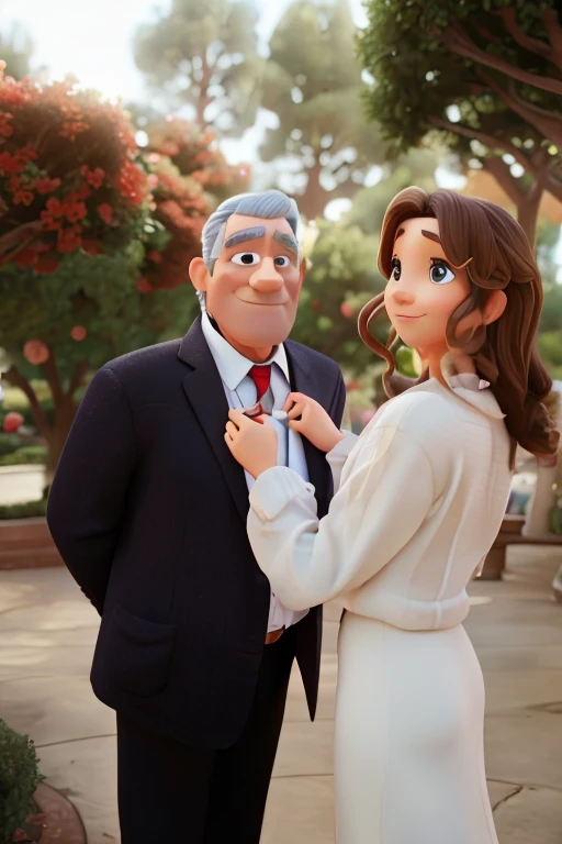 Disney Pixar. The man has a small grey mustache. The man does not have a beard. the man is American. Red flowers on bush in background 3D