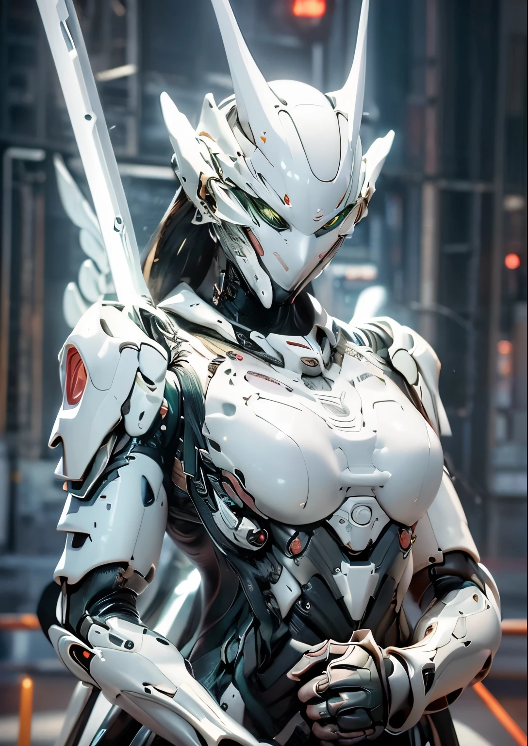 (The main subject: Wide-angle lens)、(Top-quality)、(masterpiece)、A high resolution、(Photorealsitic:1.4)、RAW photo、Battle Cyborg Angel、((Large wings made of metal))、White porcelain body、Acrylic Clear Cover、white hair、glowy skin、1 Cyborg Girl、((super realistic details))、portlate、globalillumination、Shadow、octan render、8K、ultrasharp、character edge light、Medium tits、Raw skin is exposed in cleavage、Details of complex ornaments、Gundam details、Hydraulic cylinder、(Big LED lamp)、highly intricate detail、Realistic light、a green-blue eye、radiant eyes、Facing the camera、neon details、full body shot、Futuristic headgear、About Cyberpunk