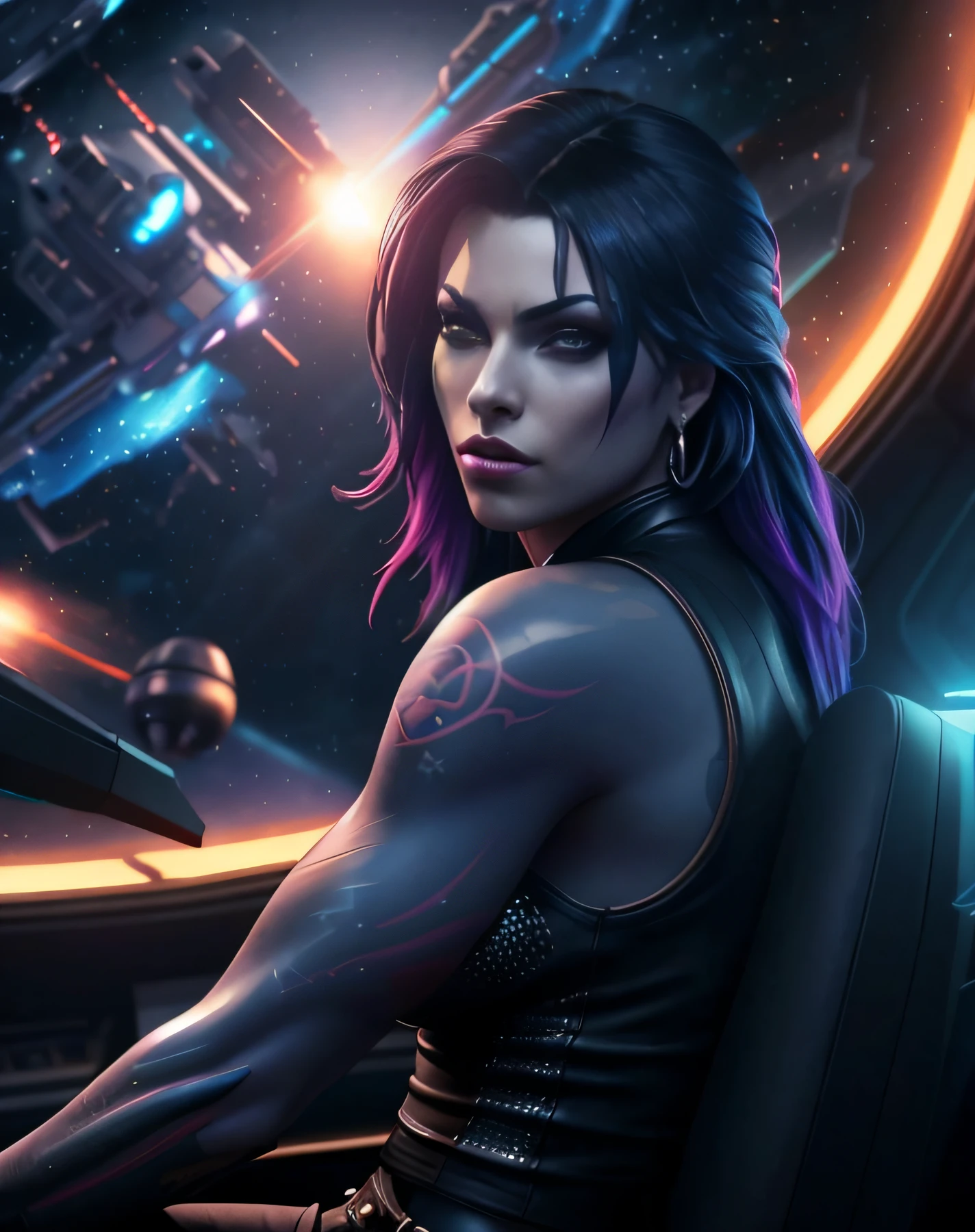 a woman with purple hair and piercings sitting in spaceship, black haired cyberpunk girl, seductive cyberpunk dark fantasy, cyberpunk angry gorgeous goddess, cyberpunk beautiful girl, cyberpunk judy alvarez, female cyberpunk anime girl, female cyberpunk, beautiful female neuromancer, artgerm julie bell beeple, cyberpunk 2 0 y. o model girl, cyberpunk girl, dreamy cyberpunk girl