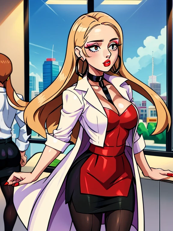 "Oleana from Pokemon, wearing a red shirt, with a hint of cleavage, in a black skirt and pantyhose. She has a white coat, well-done makeup, lipstick, and is styled in a pencil skirt. Completing her look is a choker and hoop earrings. She is depicted solo and the setting is in a corporate office."