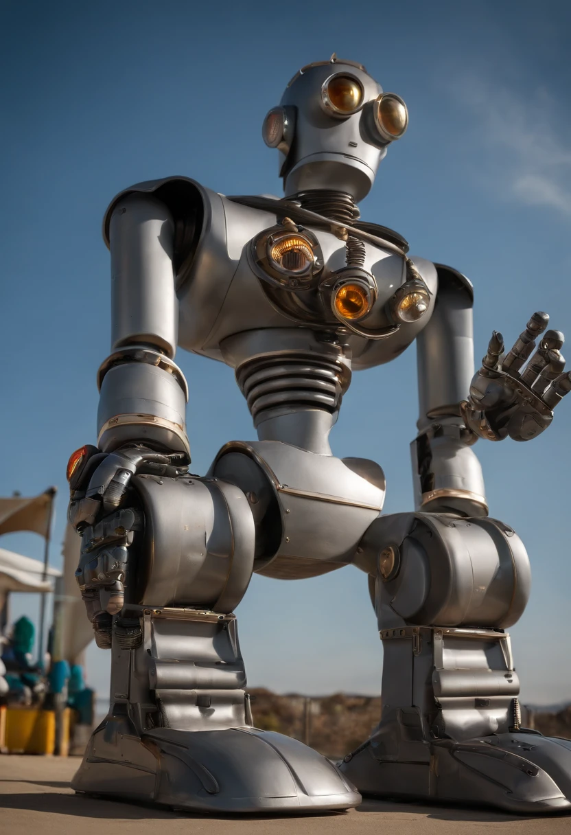 A photo of Bender at a robot go-kart race track,Futurama,He often has a beer and cigar. Being that he is a robot, he doesn’t wear clothes. He is gray and made of simple geometric shapes. His arms are flexible tubes. His body has a "shiny metal ass", two legs, two "Extens-o-matic" arms (right called "Gropie" and left "Cheatie" by Bender) with three fingers each, a head with two replaceable eyes shaped like light-emitting diodes, and a mouth used for fuel intake and voice communication.