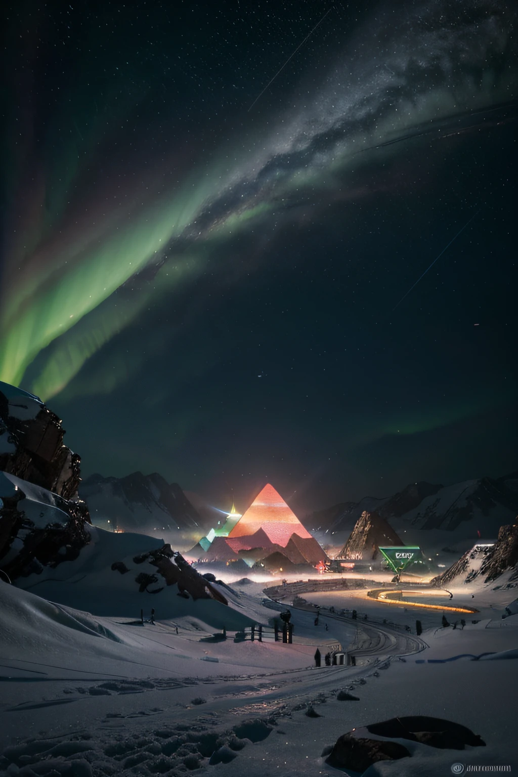 lone ally in Seoul, rua vazia, Sinais coreanos, intrincado, alta qualidade, ultra detalhe, Detalhe louco, 8k,luzes neon green
Pink aurora in white snow, snow mountain,river,snowstorm,colorful stars twinkling, Unreal Engine,
hexagonal planetary space base, in the art style of filip hodas, ancient megastructure pyramid, futuristic space port, futuristic base, concept art. 8 k, 8 k high detail concept art, scifi base, 8 k concept art, 8k concept art, industrial futuristic ice mine