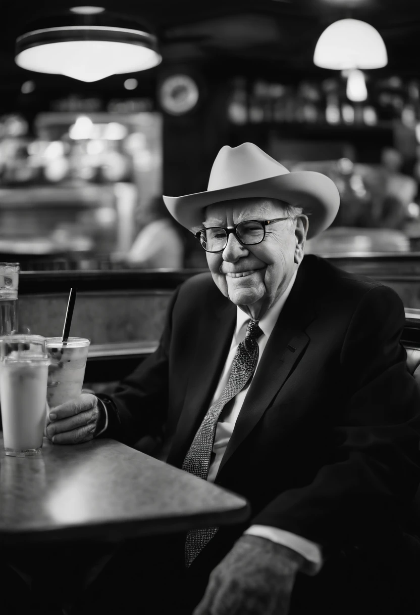 A photo of Warren Buffett sitting at a local diner, sipping on a milkshake and enjoying a classic burger.,original,Warren Buffett, often referred to as the “Oracle of Omaha,” has a friendly, approachable appearance, typically seen in modest, practical attire that belies his status as one of the world’s wealthiest individuals. He has an unassuming demeanor, often seen with a gentle smile, and his elderly visage is marked by a warm, grandfatherly appeal.