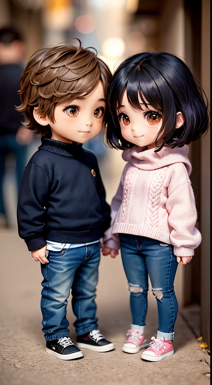 ​masterpiece、top-quality、ultra-detailliert、(chibi character couple:1.2)、a boy and a girl、boy took girl's hand、Matching knitwear and matching jeans、stare at each other、Smiling and looking at each other、Full-body standing figure、The background is a scrambled intersection