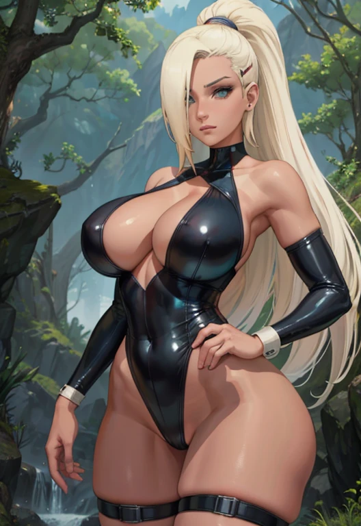 Best Quality, yamanaka ino, (1girl, 独奏, mature female, Adult woman), hair light, naked breasts, Cyan eyes, Sateen, Forest background, Warm background, Huge-breasts, wide thighs, kitty, Thong with neckline), wet skin, huge ass, hyper hips, muscular calves, bimbo, lipstick, barbiecore, girly, airhead, innocent, stupid, princess, sexy, tanned, tan skin, dark skin, brown skin, tan lines, tanlines