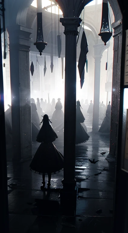The scene is atmospheric and open, Images of ancient sacrifices, Humeante y lleno de humo, Birds dressed as dancing humans, Sunday Worship, (Detalles detallados del vestuario, Detalle de la ropa sentido de la luz), appearing faintly, Detalles detallados de las plumas de las aves, cumbersome and complex image sensation, (full of strange and mysterious images), The background is cloudy, Las fotos son realistas, 8k,