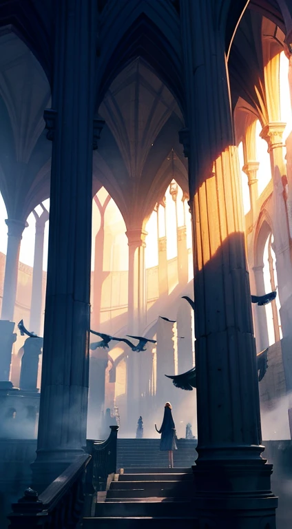 The scene is atmospheric and open, Images of ancient sacrifices, Humeante y lleno de humo, Birds dressed as dancing humans, Sunday Worship, (Detalles detallados del vestuario, Detalle de la ropa sentido de la luz), appearing faintly, Detalles detallados de las plumas de las aves, cumbersome and complex image sensation, (full of strange and mysterious images), The background is cloudy, Las fotos son realistas, 8k,