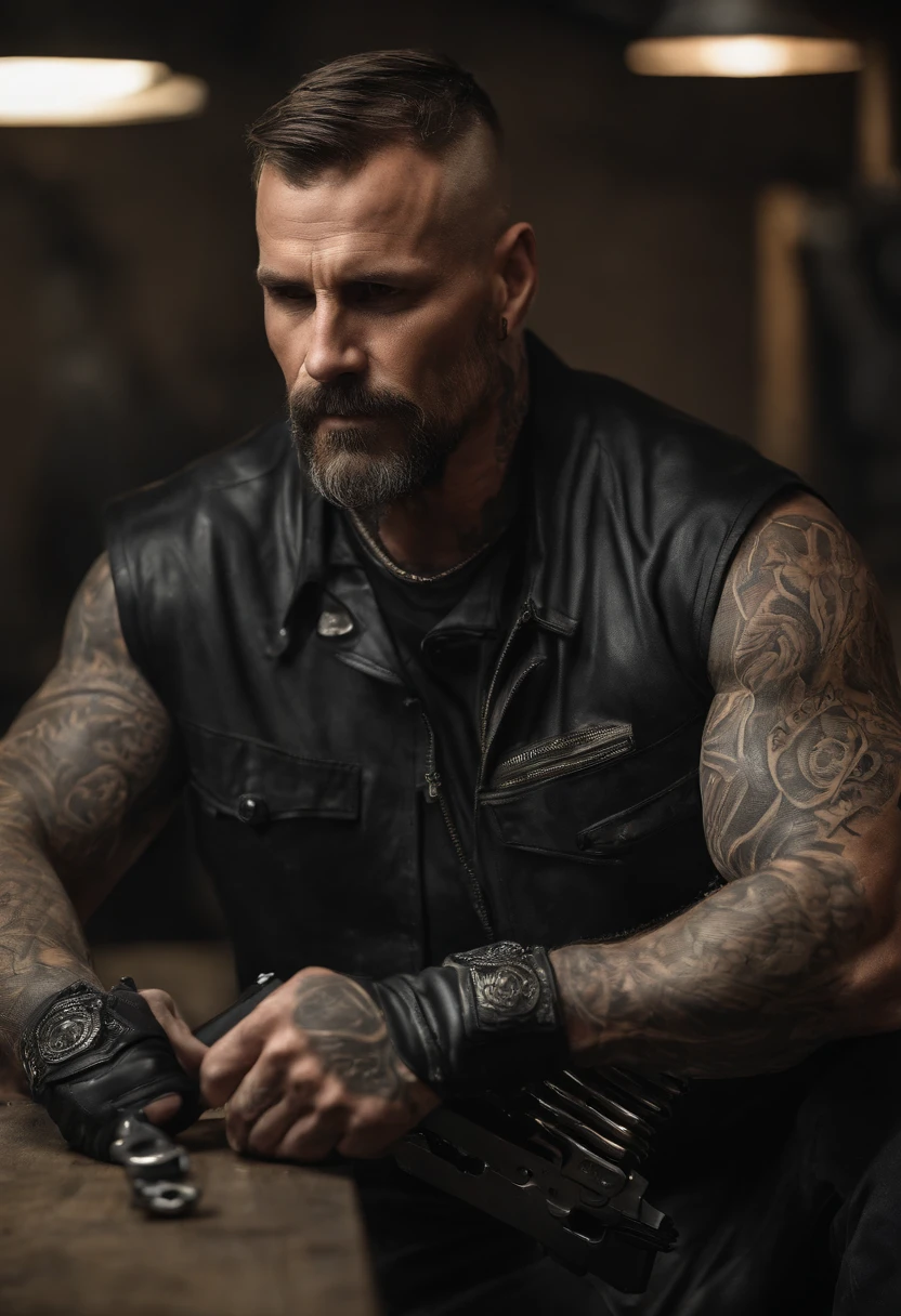 A photo of Reaper working on his custom-made firearm in the armory,original,Jason “Reaper” Donovan was an imposing figure, standing at 6’5” with a muscular build, embodying the quintessential outlaw biker. His body was adorned with tattoos, each symbolizing a chapter of his turbulent life. A distinctive scar running down his left cheek and cold, piercing eyes added to his intimidating presence. Reaper’s rugged, weathered features spoke of a life lived on the edge, far removed from ordinary society.