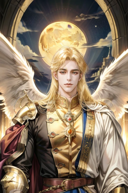 absurdres, highres, ultra detailed), 1 male, adult, handsome, tall muscular guy, broad shoulders, finely detailed eyes, looking down, solo, upper body, detailed background, detailed face, angel, heaven, moon, light smile, no top anything, gold waist chain, bright gold belt, medieval fantasy setting, armor,high fantasy, heaven, dragon,cloud, angel, moon, star, fantastic, closed mouth, upper body, golden long hair, golden eyes,anime style