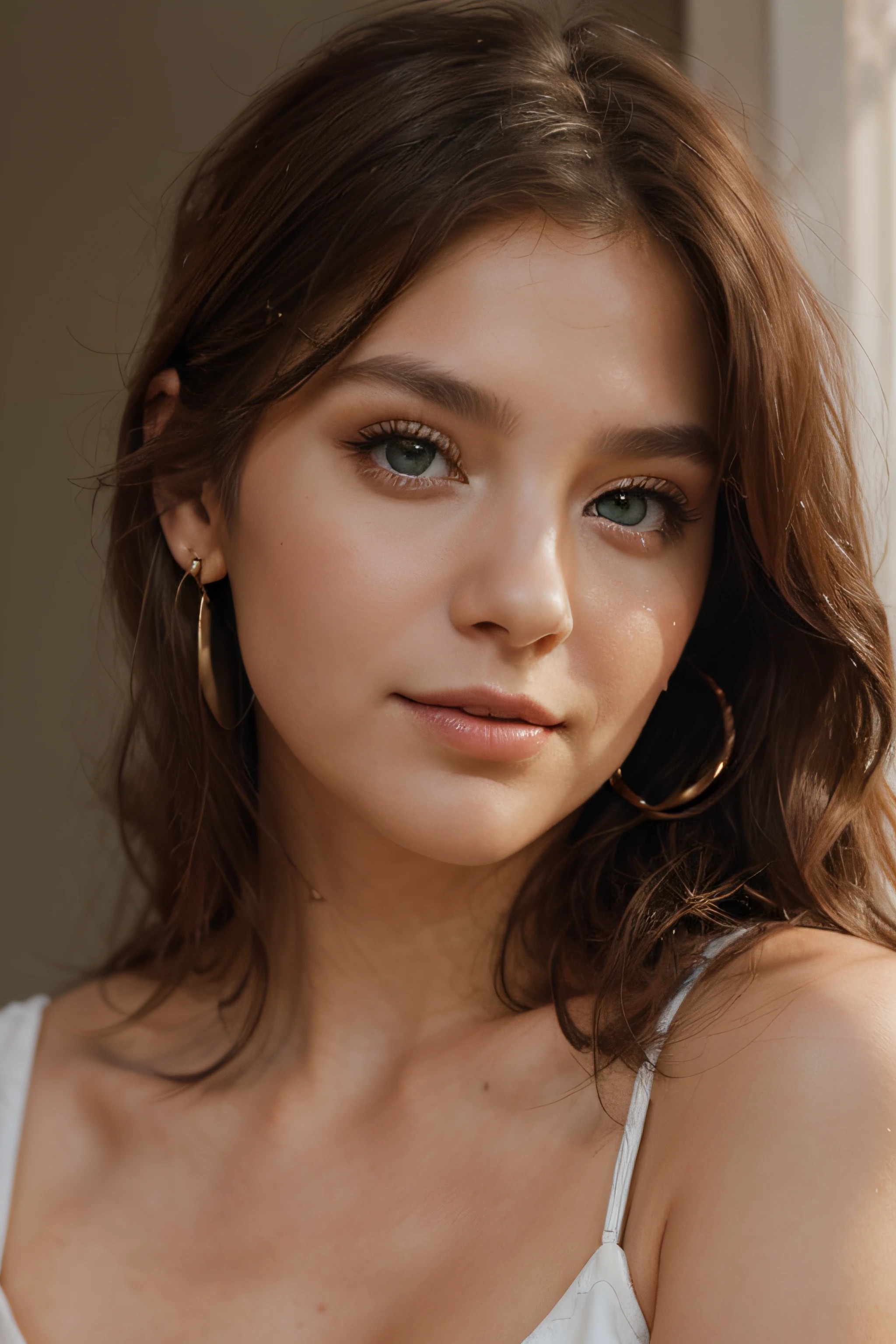 Create a realistic portrait of a young woman aged 23 named Leni. Sie ist schulterlang, wellig, Kastanienbraunes Haar. Her oval green eyes radiate a certain liveliness. Leni hat eine zierliche Statur und helle Haut ohne Sommersprossen. Her lips are heart shaped. She adorns subtle earrings, that complement her face. The makeup stays natural, emphasizes her innate beauty. Versuchen Sie, to capture their personality and individual style in the portrait. #Realistic portrait #Naturalness #Female portrait #digitalart #Charakterdesign