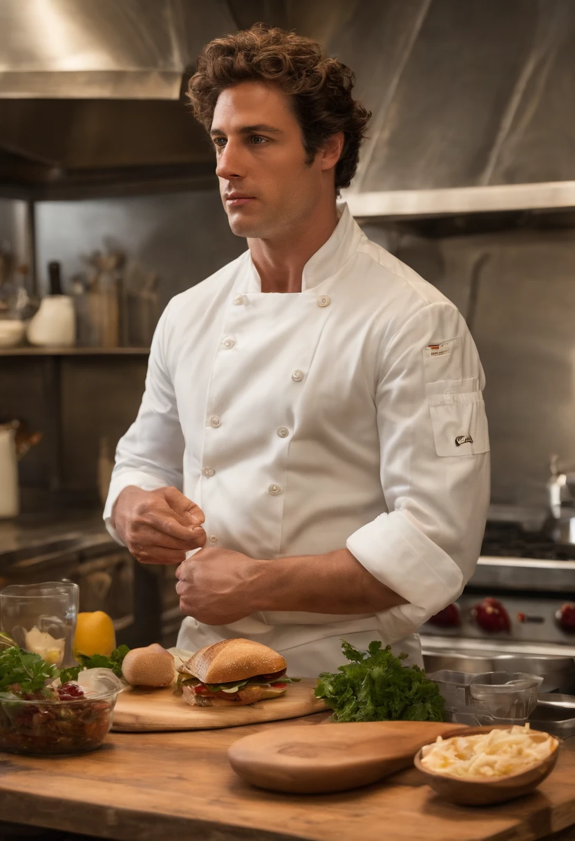 A snapshot of me skillfully balancing a tower of sandwich ingredients on my arm as I effortlessly assemble an order,The Bear,Carmen “Carmy” Berzatto, portrayed by actor Jeremy Allen White, is a young chef with a lean and agile build, reflecting his bustling energy in the kitchen. He has a rugged, somewhat weary appearance, with short, tousled dark hair and intense, expressive eyes that often convey the weight of his personal and professional pressures. Carmy’s typical attire in “The Bear” includes a white chef’s coat or a simple t-shirt.