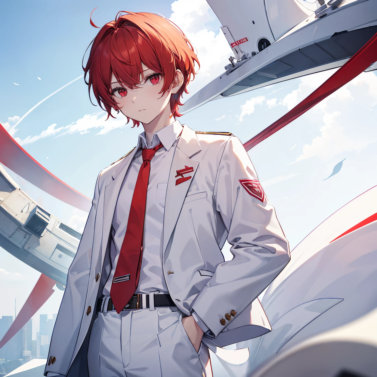 1malee, cool malee, white school uniform, white long pants, white glove, hand on pocket, white headphone, red eyes, skybrown hair, red necktie, school, absurdres, high res, ultra sharp, 8k, masterpiece, looking at viewer, cool hair, short hair