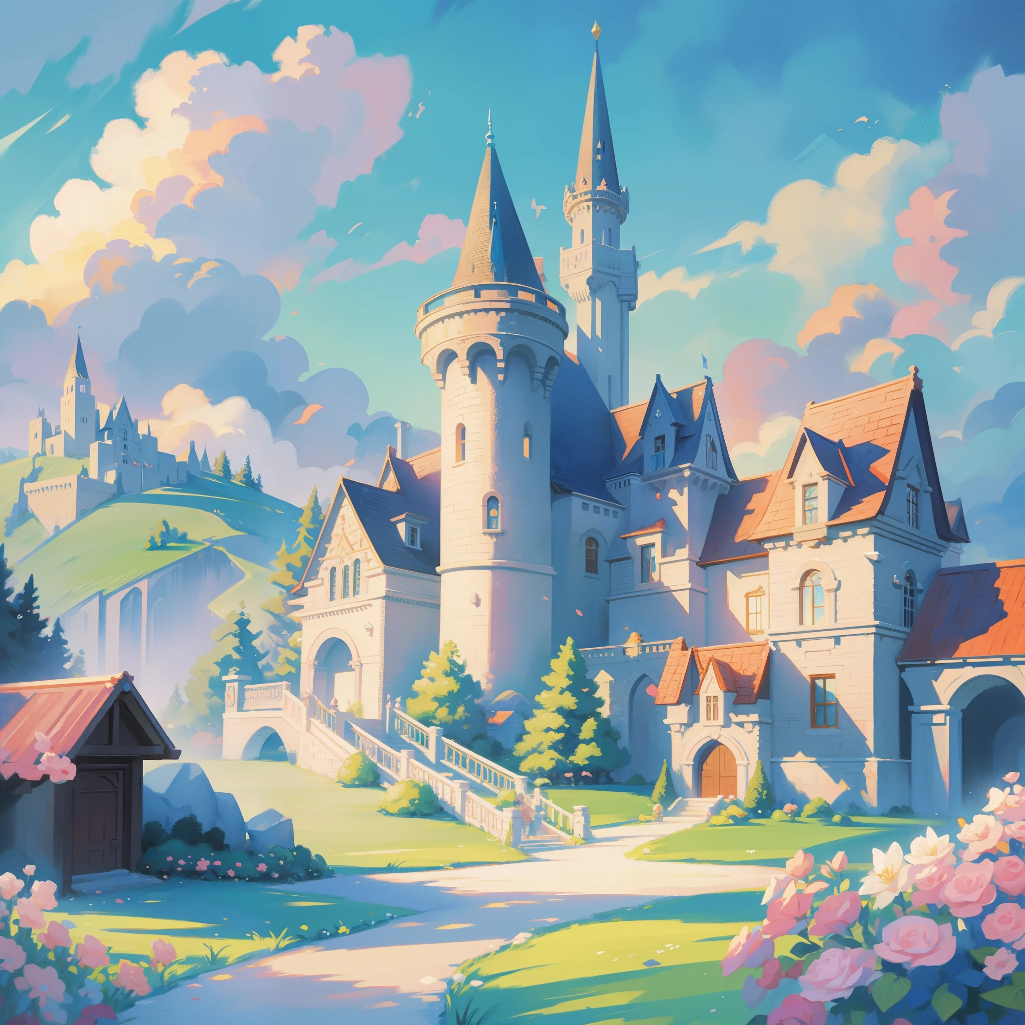 picture book illustration, watercolor storybook illustration, princess castle, fairytale castle, fairytale towers, clouds, vibrant pastel colors, dream, colorful, whimsical, magical, masterpiece, best quality, sharp focus, intricately detailed environment, fine detail, 8k resolution