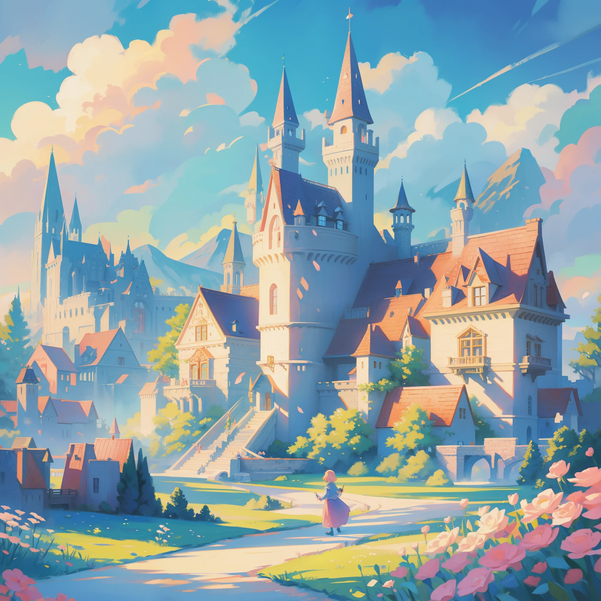 picture book illustration, watercolor storybook illustration, princess castle, fairytale castle, fairytale towers, clouds, vibrant pastel colors, dream, colorful, whimsical, magical, masterpiece, best quality, sharp focus, intricately detailed environment, fine detail, 8k resolution
