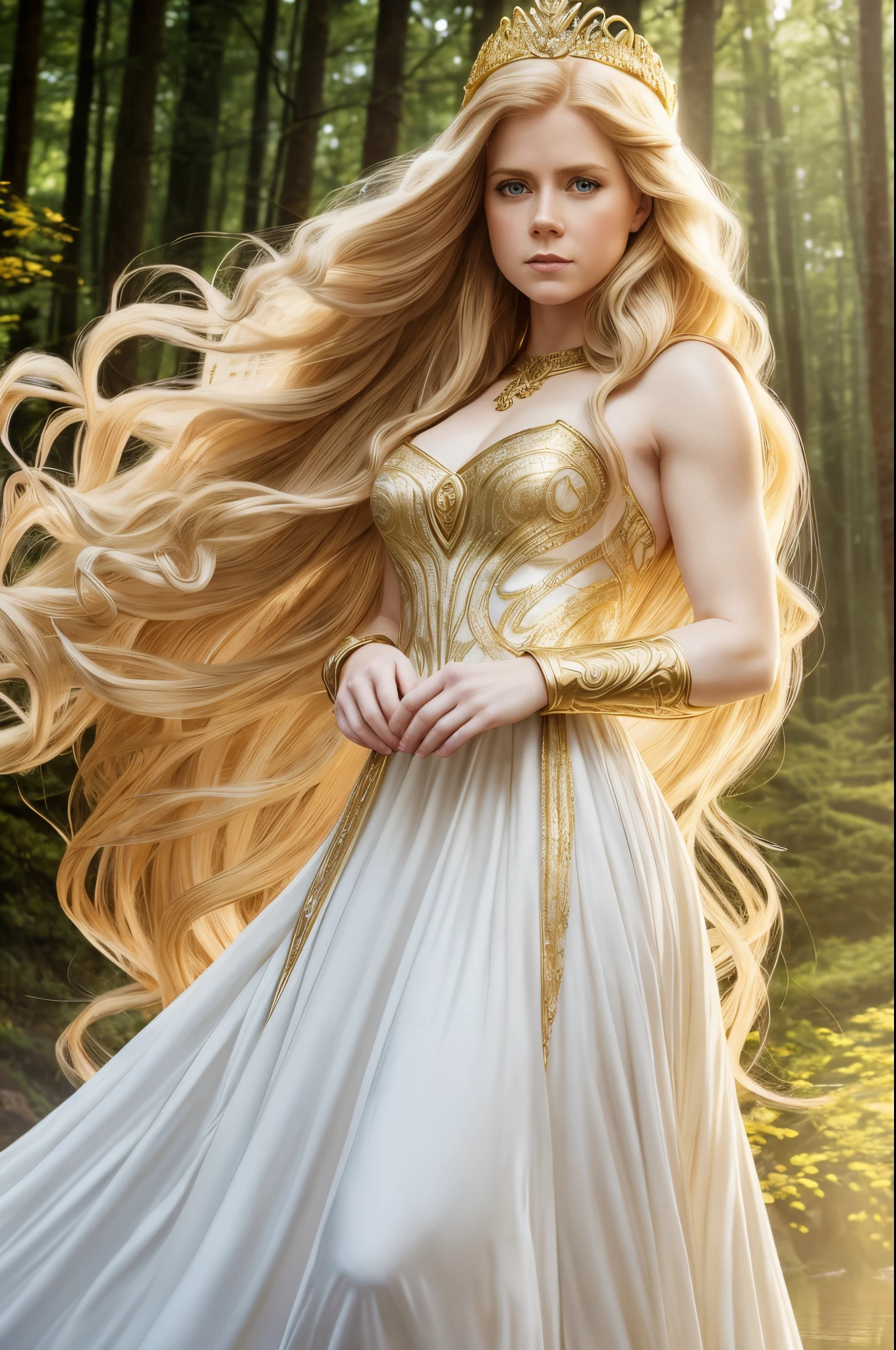 AMY ADAMS, FEMALE ELVE, 20 YEARS OLD , LONG WHITE DRESS, GOLD TIARA, GOLD DETAILS, GOLD GAUNTLETS, HORSE, HUGE LONG HAIR, BLOND HAIR, PALE SKIN, DETAILED ELVE EARS, MITHOLOGY, SUN, RIVER,FORREST, ROMANTISM, MAGIC, POWERS, HIGH DETAILED IMAGE, MASTER PIECE OF ART