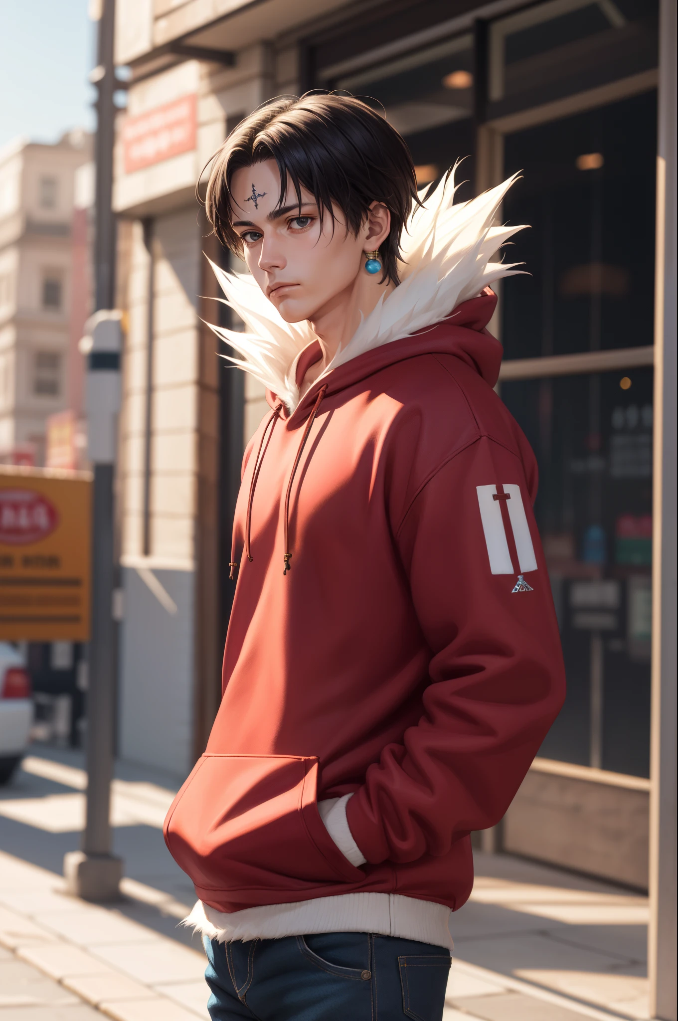 (masterpiece, best quality:1.2), cowboy shot, solo, male focus, 1boy, upper body, chrollo lucilfer, expressionless, closed mouth, hands in pockets, fur trim, wearing Streetwear Hoodie, dinamic lighting, jewelry