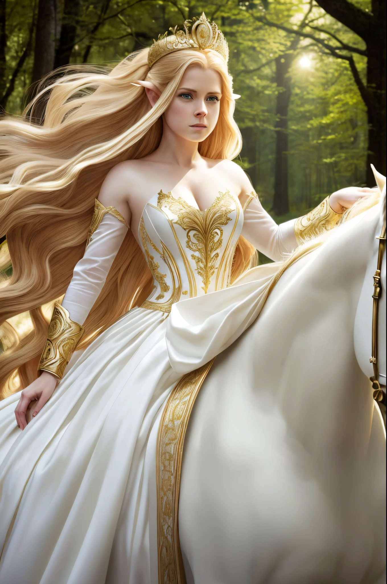 AMY ADAMS, FEMALE ELVE, 20 YEARS OLD , LONG WHITE DRESS, GOLD TIARA, GOLD DETAILS, GOLD GAUNTLETS, HORSE, HUGE LONG HAIR, BLOND HAIR, PALE SKIN, DETAILED ELVE EARS, MITHOLOGY, SUN, RIVER,FORREST, ROMANTISM, MAGIC, POWERS, HIGH DETAILED IMAGE, MASTER PIECE OF ART