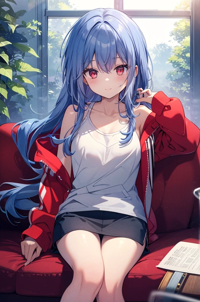 Around 20 years old, with medium-length blue hair and red eyes, a girl proudly smiles in victory. Cheeks flushed, she wears a red zip-up hoodie over a white camisole on her upper body, paired with a gray miniskirt on the lower half. Seated on a sofa, legs crossed, she holds a beer glass in one hand.
