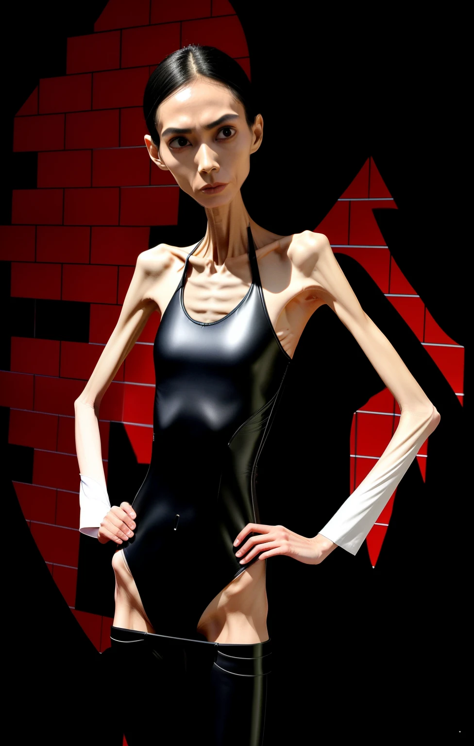 very thin adult man，Slender man&#39;s body，Protruding sternum，The waist is very thin，The ribs are noticeable，Protruding ribs，The pelvic protrusion is very obvious，Pelvic width，Legs are just skin and bones，thin shoulde，The waist is very thin，Sunken abdomen，Delicate arms，arm muscle atrophy，hunger，The lower abdomen is depressed，Wear a tight-fitting one-piece latex suit，Asia face，The waist is particularly thin，grieves，weeping，Excessive weight loss，The face is sunken and thin，Severe malnutrition，hunger，frail man，Incompetent men