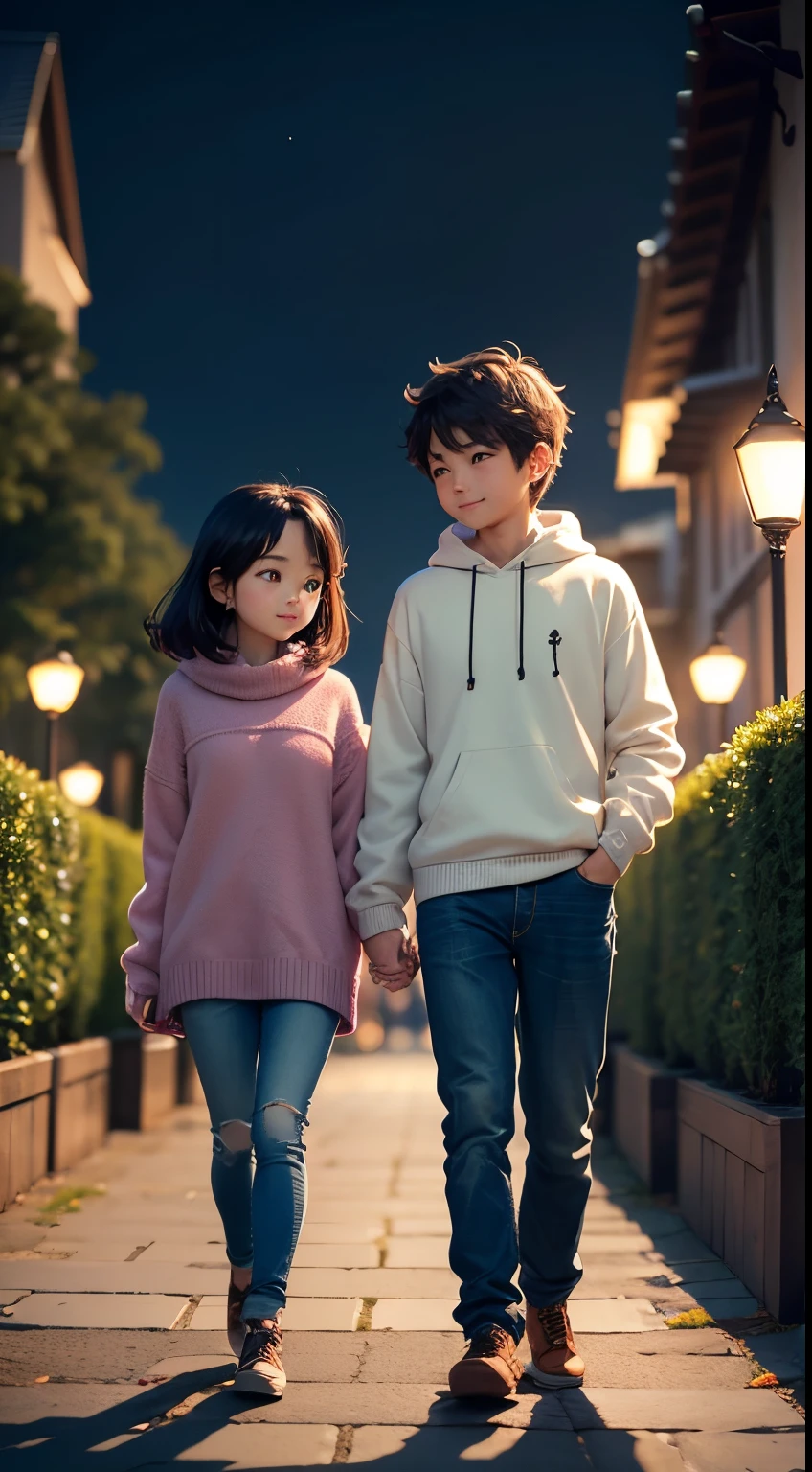 ​masterpiece、top-quality、ultra-detailliert、(cute chibi character couple:1.2)、a boy and a girl、boy took girl's hand、Matching knitwear and matching jeans、stare at each other、Smiling and looking at each other、Full-body standing figure、The background is a garden at night