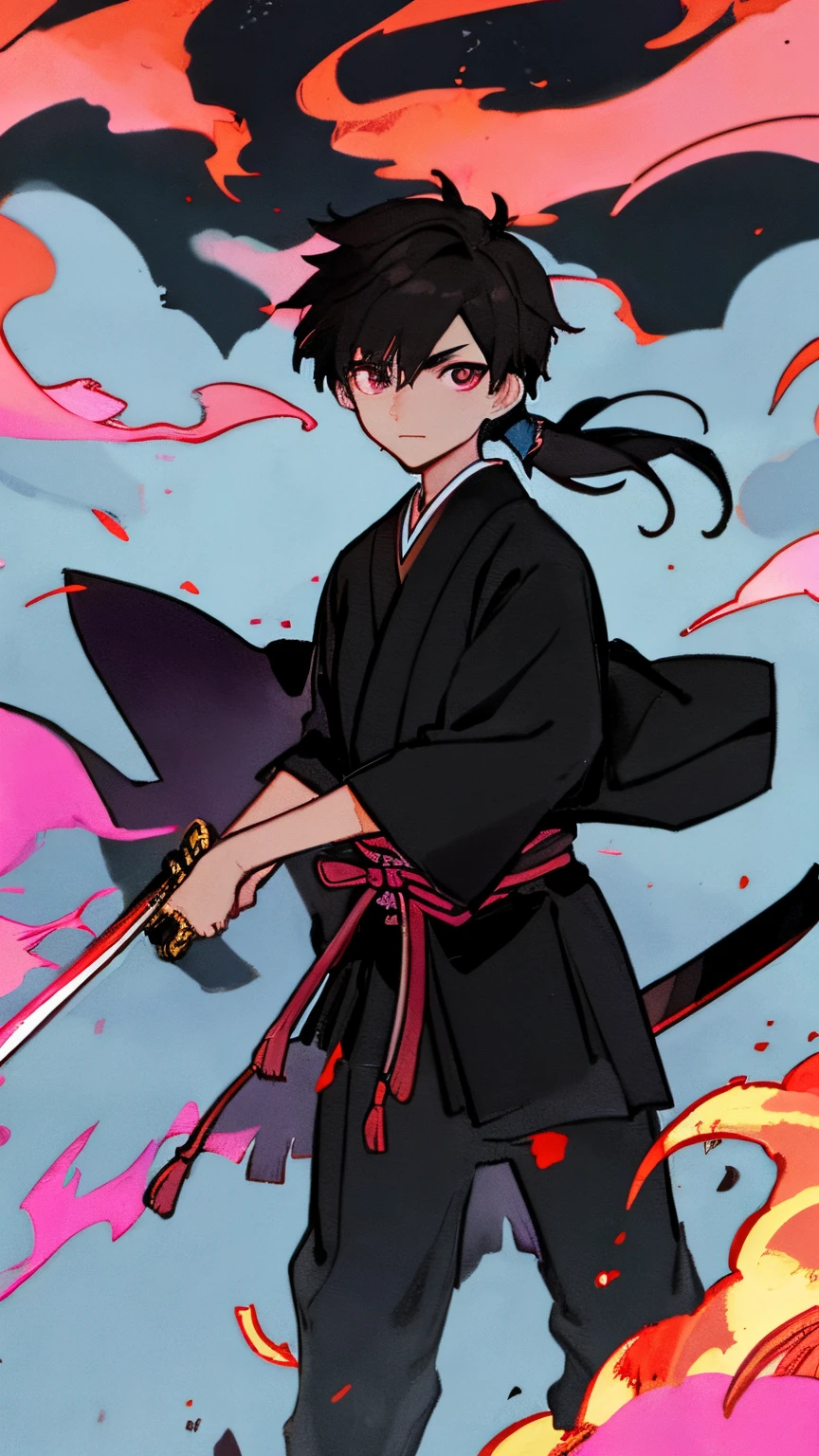 a painting of a dark haired man dressed in black with a long sword in the background in front of pink flames, 1boy, haori, black hair, long hair, solo, male focus, japanese clothes