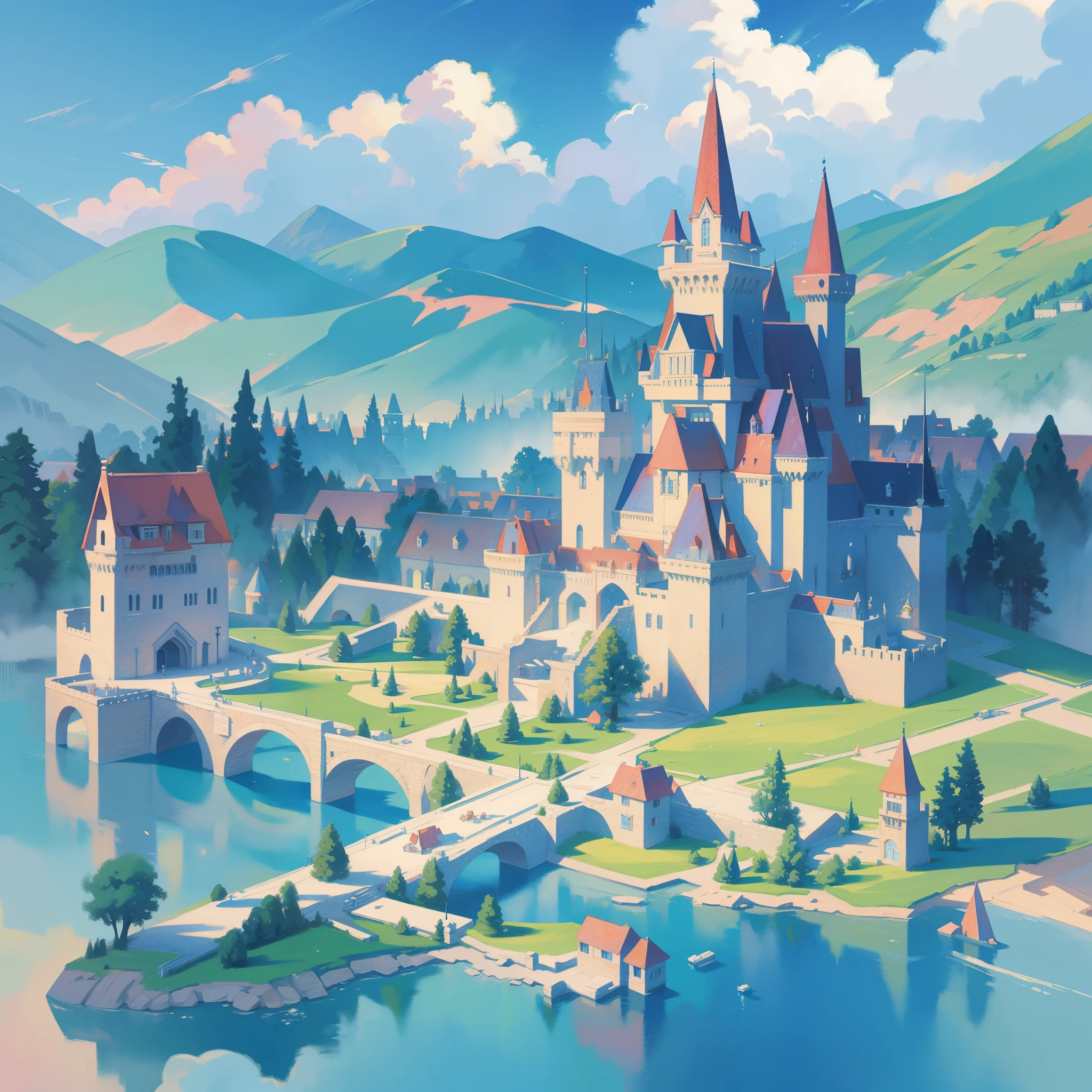 picture book illustration, watercolor storybook illustration, princess castle, fairytale castle, fairytale towers, clouds, vibrant pastel colors, dream, colorful, whimsical, magical, masterpiece, best quality, sharp focus, intricately detailed environment, fine detail, 8k resolution
