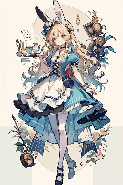 HDR,UHD,8K, best quality, masterpiece, Highly detailed, Studio lighting, physically-based rendering, 1girl, solo,
BJD doll, blush, alice in wonderland, Best quality, High Resolution, panoramic view, head to feet view, hand-drawn illustration, cartoon, master piece, top-quality,fairytail storybook Beautiful vintage Aesthetic tea party, a highly detailed cute face girl, petite body, balance anatomy, highly detailed anime cute face innocent Alice in wonderland japan, offcial art, (1 girl in:1.3), platinum-blonde long layer hair, soft skin, highly detailed dainty female perfect 5 fingers on each hand, 2 hands, perfectly detailed 2 arms, in one hand holds a detailed vintage English pattern tea cup gold trim, (ribbon detailed gold glass pendant head-piece), highly detailed (sparkling glass Blue iris eyes), white stockings beautiful 2 legs perfect mary jane brown shoes on 2 feet, toes forward, detailed navy brown gold with a white Apron over ruffle dress mid-length mini-skirt, striped silk ribbon navy brown white gold colors, (alice in the wonderland:1.2), dyanmic pose, highly detailed accessories such as the (Playing Cards, detailed teapot, pearl neckclace, ribbons, detailed furry white rabbit, cartoon, detailed tea cup, tea saucer, tea tin cans、gold pocket watch:1.3), illustration of a highly detailed whimsical adorable tea party, illustration cute white rabbit wearing a tuxedo carries a gold watch, detailed gold watch, flat colors, limited palette, pastel light blue pink light yellow brown navy white colours, muted colors, english tea time, vintage flat colors, flat, best quality, storybook whimsical illustration, Detailed drawing, vectorised, Silhouette, 8K, digital illustration, art inspired by yayoi at https://candicems218.wixsite.com/gyayoi , cute anime visual of a maiden girl, dynamic dark lines in a cell-shading style, proportionate, (cell-shading style:1.3), (tetradic colors), inkpunk, (ink lines:1.1),vector, simple, solid gray background, yuri