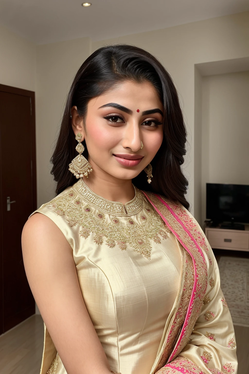 14 years old girl named mouni roy, wearing detailed salwar kameez, face selfie taken on iphone 15, smile, makeup, wedding venue, instagram photo, detailed salwar, detailed kameez, detailed dupatta
