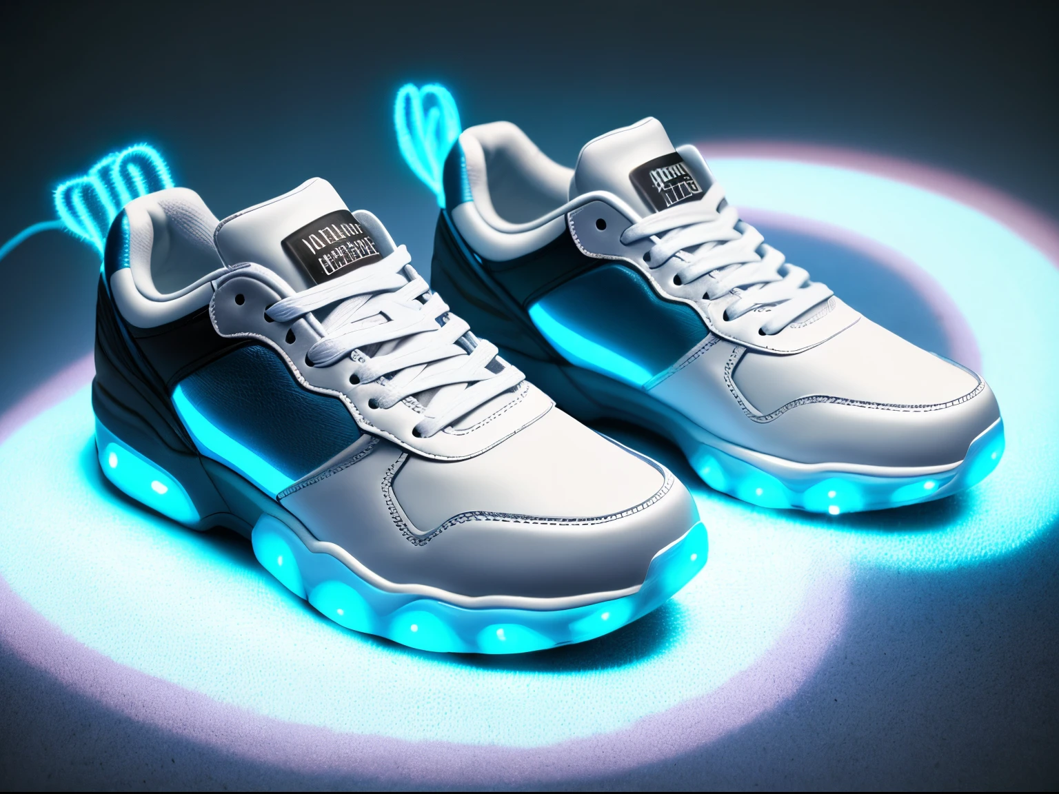 close-up of a pair of shoes with glowing lights, futuristic sneakers, Glows, luminol light, Glow, The 3D render is even illuminated, Glowwave, Glow in the dark, with glowing blue lights, light blue, Glowing, inflatable future shoes, Luminous effect, ethereal blue lighting, Magic glow, Glowing & Epic, Light bounce, Glowing blue, blue glow