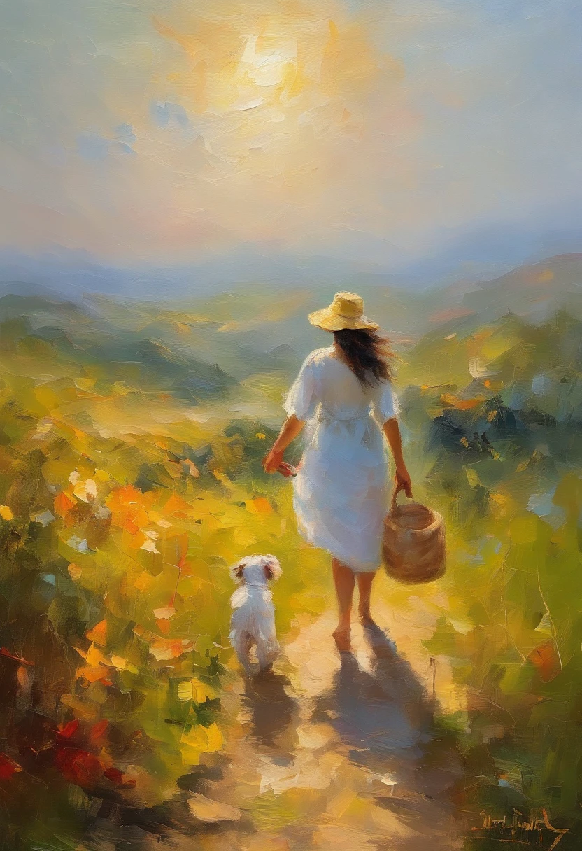 masterpiece、top-quality、morning、stroll。pup、1girl in、Cloud Girl、floating in sky、a closeup、with light glowing、Happiness、Fresh morning sunshine、(Spark:0.7) 、stroll、landscapes