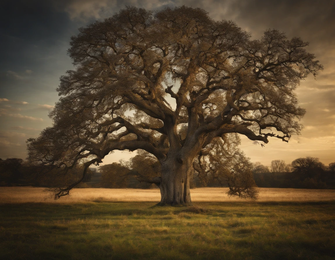 Photorealistic a majestic ancient Oak Tree in a field, atmosphere created through scumbling technique, style raw.