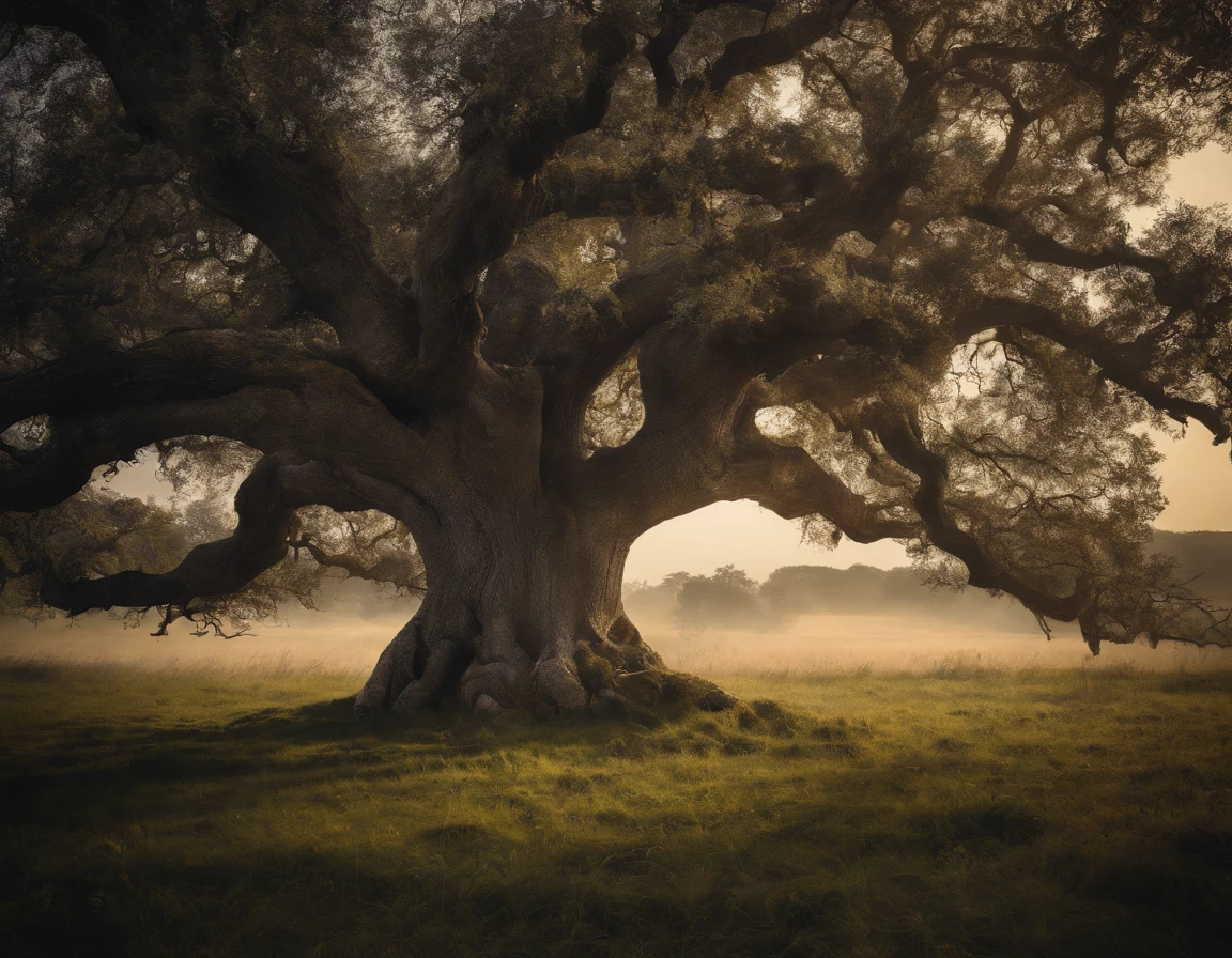 Photorealistic a majestic ancient Oak Tree in a field, atmosphere created through scumbling technique, style raw.