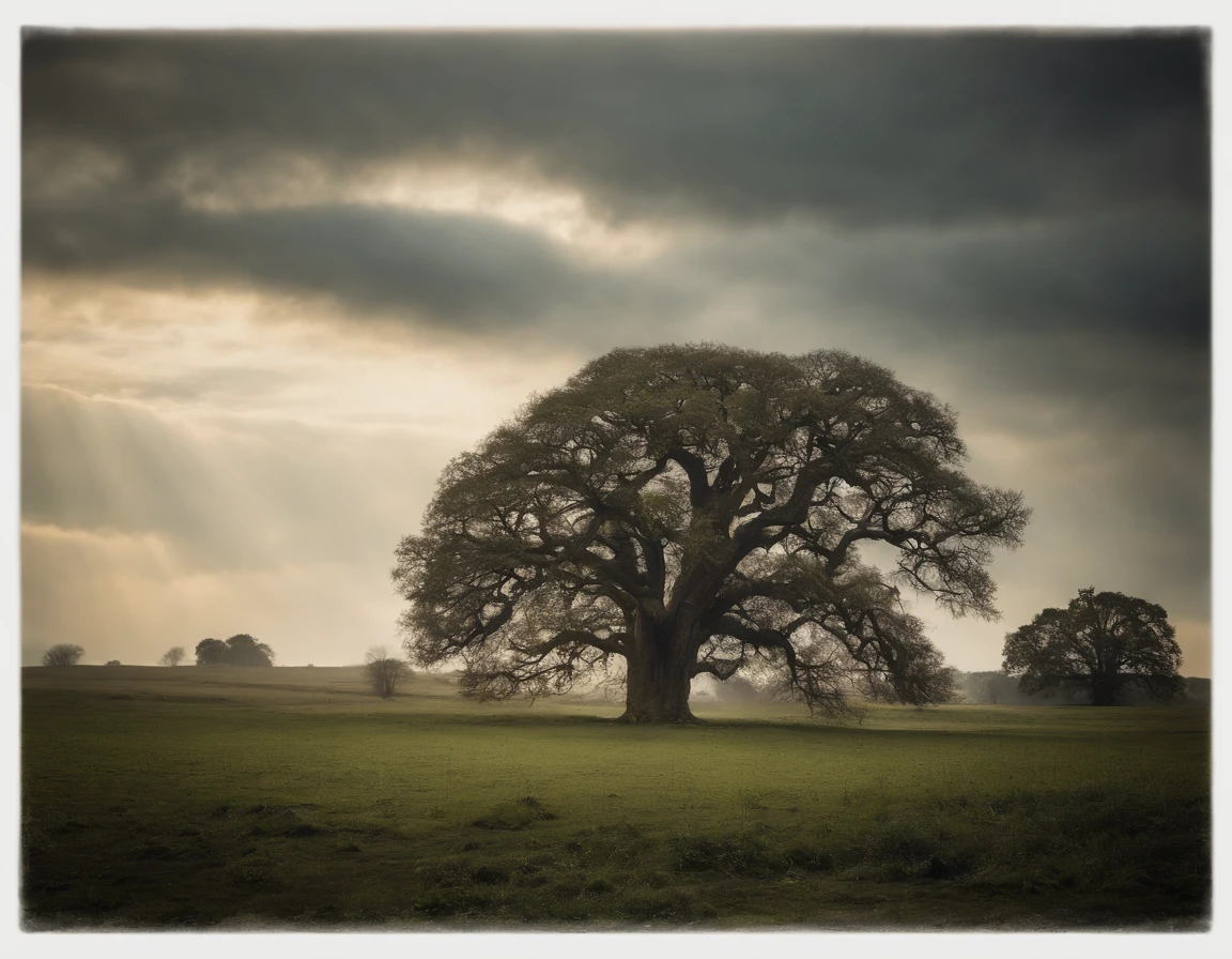 Photorealistic a majestic ancient Oak Tree in a field, atmosphere created through scumbling technique, style raw.