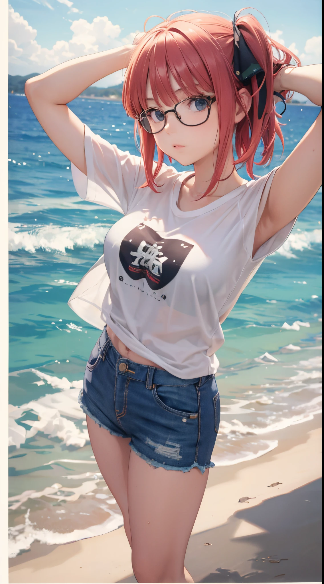 masterpiece, best quality, 1girl, beach, lying in sand, short hair, glasses, t-shirt, shorts, cap, blush, summer, soda can, bag