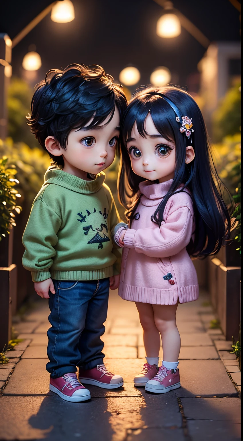masterpiece、top-quality、ultra-detailliert、(cute chibi character couple:1.2)、a boy and a girl、big eyes、boy took girl's hand、Matching knitwear and matching jeans、stare at each other、Smiling and looking at each other、Full-body standing figure、The background is a garden at night