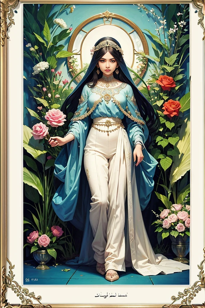 Persian Qajar art ,painting of a flower soft colors , floral frame , ((perfect rectangular frame)) , rose flowers , nightingale among flowers