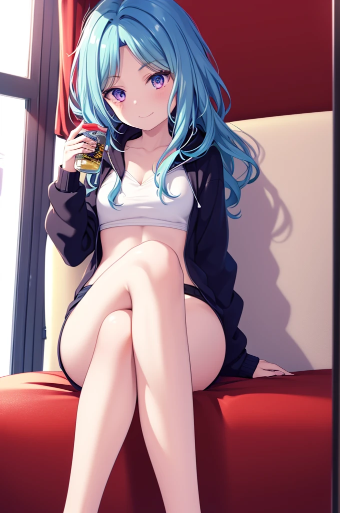 Around 24 years old, with medium-length blue hair and red eyes, a girl proudly smiles in victory. Cheeks flushed, she wears a white camisole underneath an open-front red zip-up hoodie, draped over her upper body. On her lower half, she sports a gray miniskirt and holds a beer glass in one hand while seated on a sofa with her legs crossed.