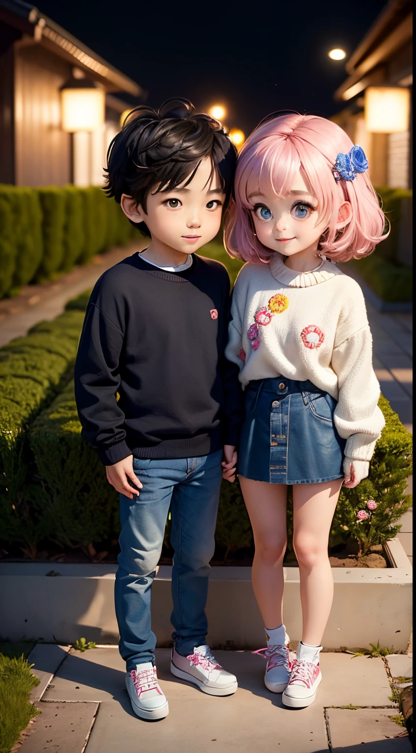 masterpiece、top-quality、ultra-detailliert、(cute chibi character couple:1.2)、a boy and a girl、big eyes、boy took girl's hand、Matching knitwear and matching jeans、stare at each other、Smiling and looking at each other、Full-body standing figure、The background is a garden at night
