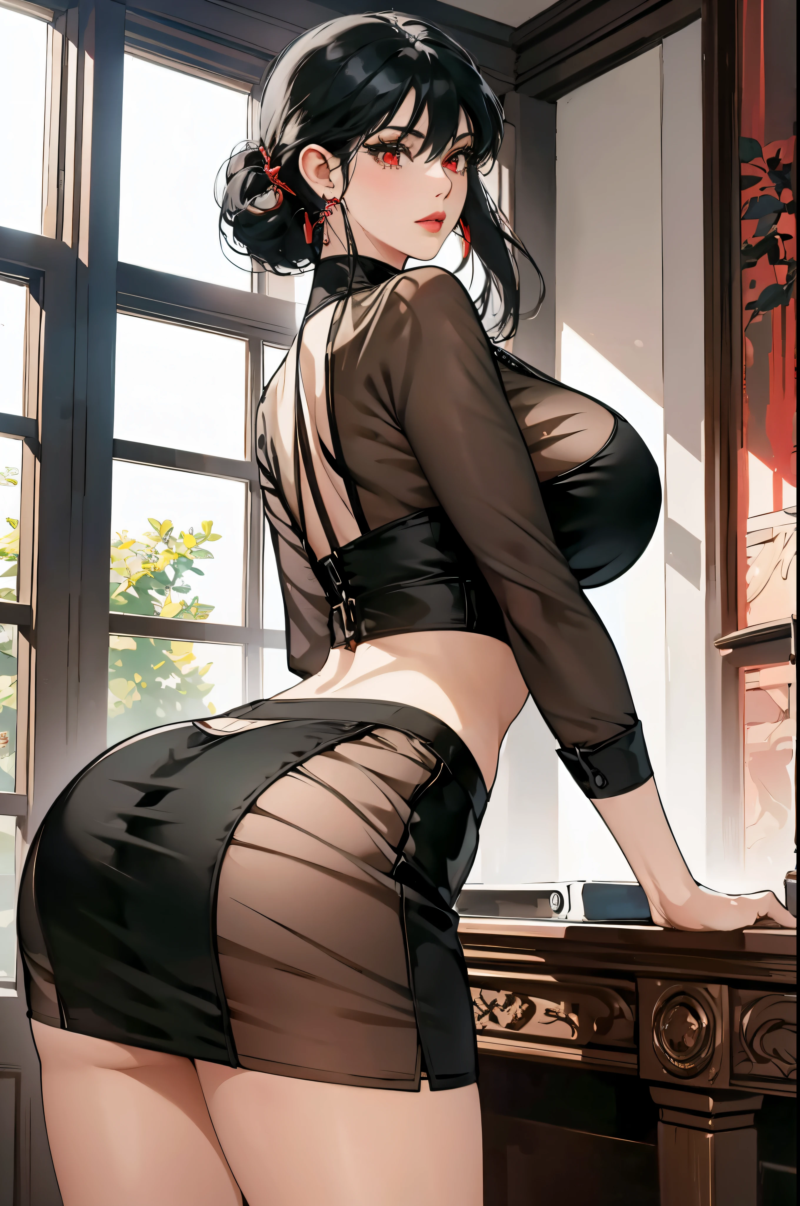(yor:1.1), adult woman, black hair, red eyes, beautiful red detailed eyes, beautiful red detailed lips, detailed red eyes and face, long eyelashes, big breasts, huge butt, wearing see-through mini skirt, bending forward, high-quality image, photorealistic, studio lighting, vivid colors