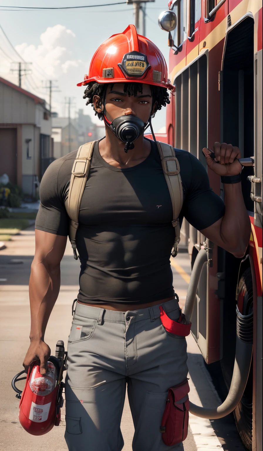 firefighter, realistic, 4k, cinematic, anime, boy, Negroid cute, 22yo, charismatic, helmet, (red T-shirt) and (gray pants,) hoses and water