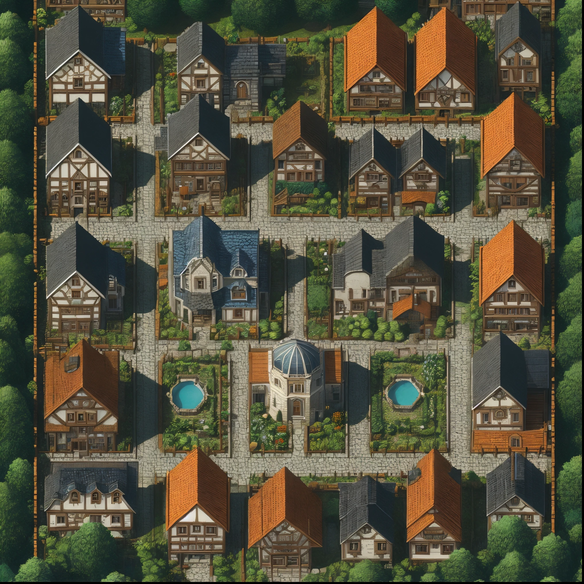 a view of a small town with a pool and a lot of houses, beautiful detailed pixel art, cottage town, medieval village, a small medieval village, medieval town, medieval city, small town surrounding, detailed street, detailed city, quaint village, town background, pixel town, town, small village, medieval city map, small city, realistic photo of a town