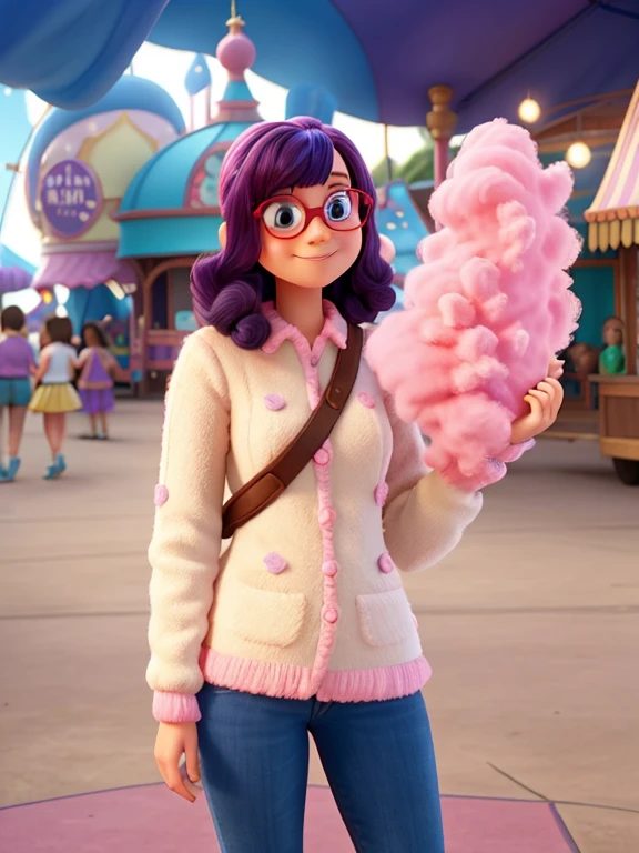 Pixar/disney type character, with a carnival in the background, holding her pink cotton candy. She is having fun. She has bangs and wears glasses and has blue red hair, making it purplish