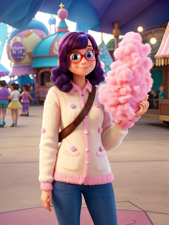 Pixar/disney type character, with a carnival in the background, holding her pink cotton candy. She is having fun. She has bangs and wears glasses and has blue red hair, making it purplish