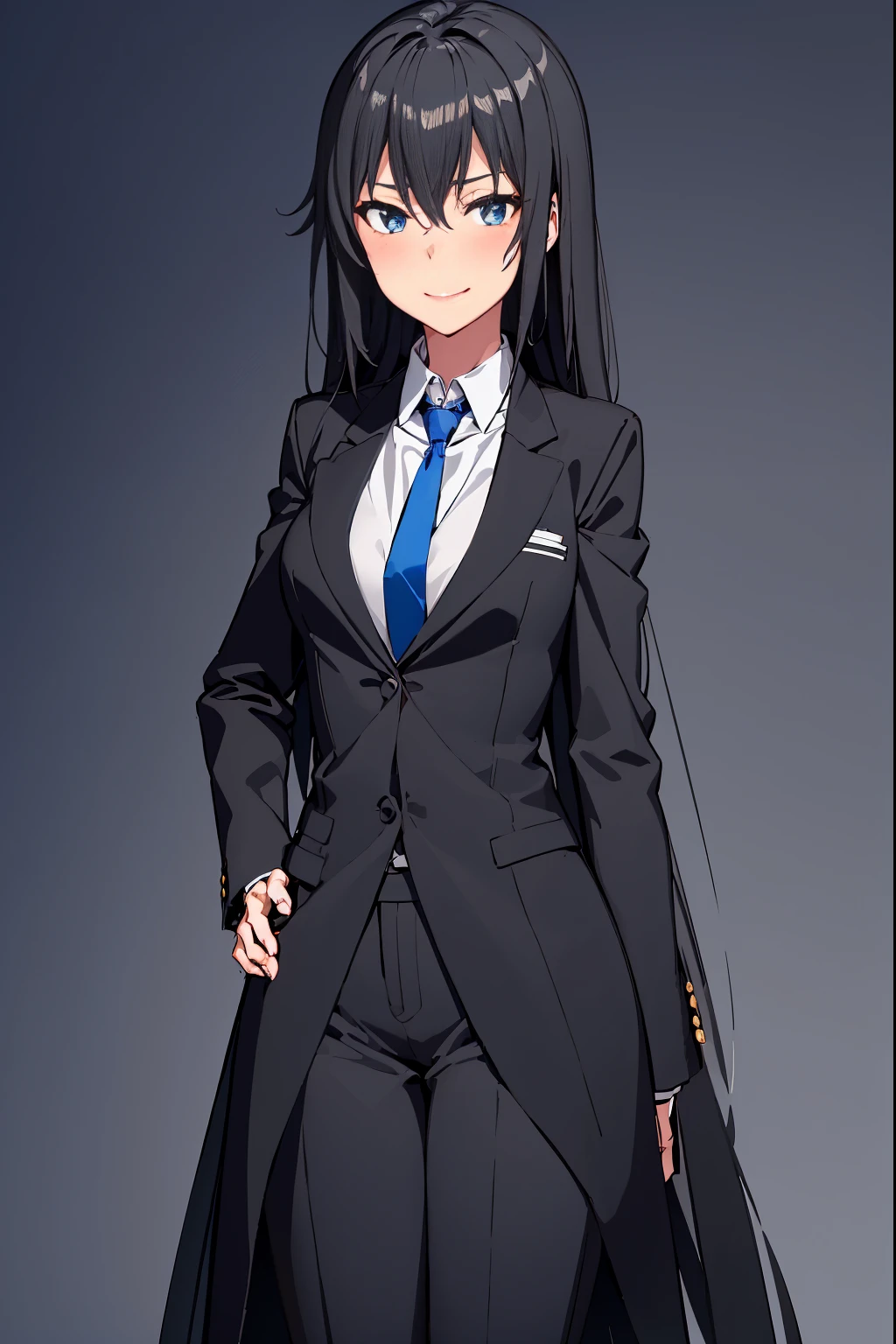 Yukinoshita Yukino, wearing a tuxedo tailcoat, (full body,anime,1:2,ultra-detailed), has a badass smile. She has long, sleek black hair that glimmers in the light. Her outfit features a stylish blue necktie, adding a touch of elegance to her attire. With her cool and collected demeanor, she exudes confidence and sophistication.

As a butler in a female suit, Yukinoshita Yukino is both powerful and graceful. She moves with precision and efficiency, attending to her duties with utmost professionalism. Her black tailcoat fits her slender frame perfectly, accentuating her poise and charm. The tailored design highlights her femininity, combining strength and grace seamlessly.