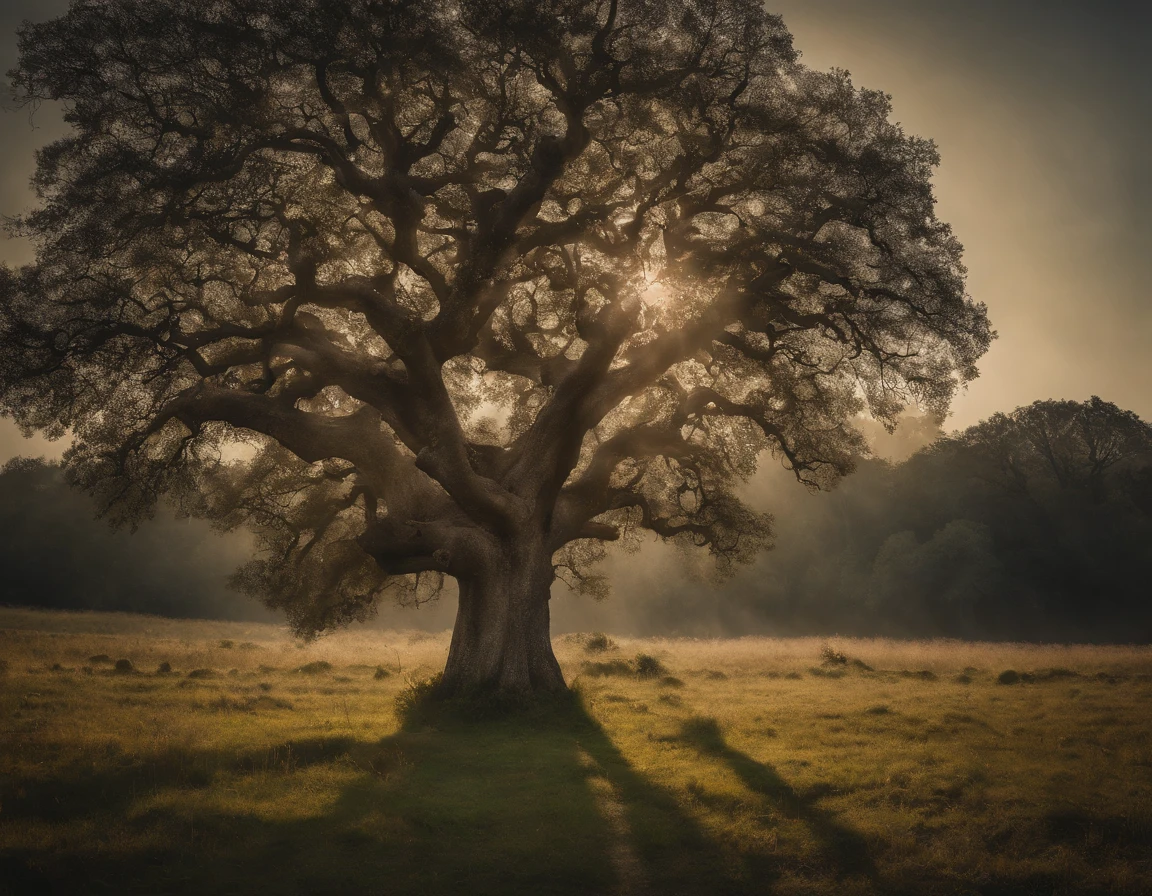 Photorealistic a majestic ancient Oak Tree in a field, atmosphere created through scumbling technique, style raw.