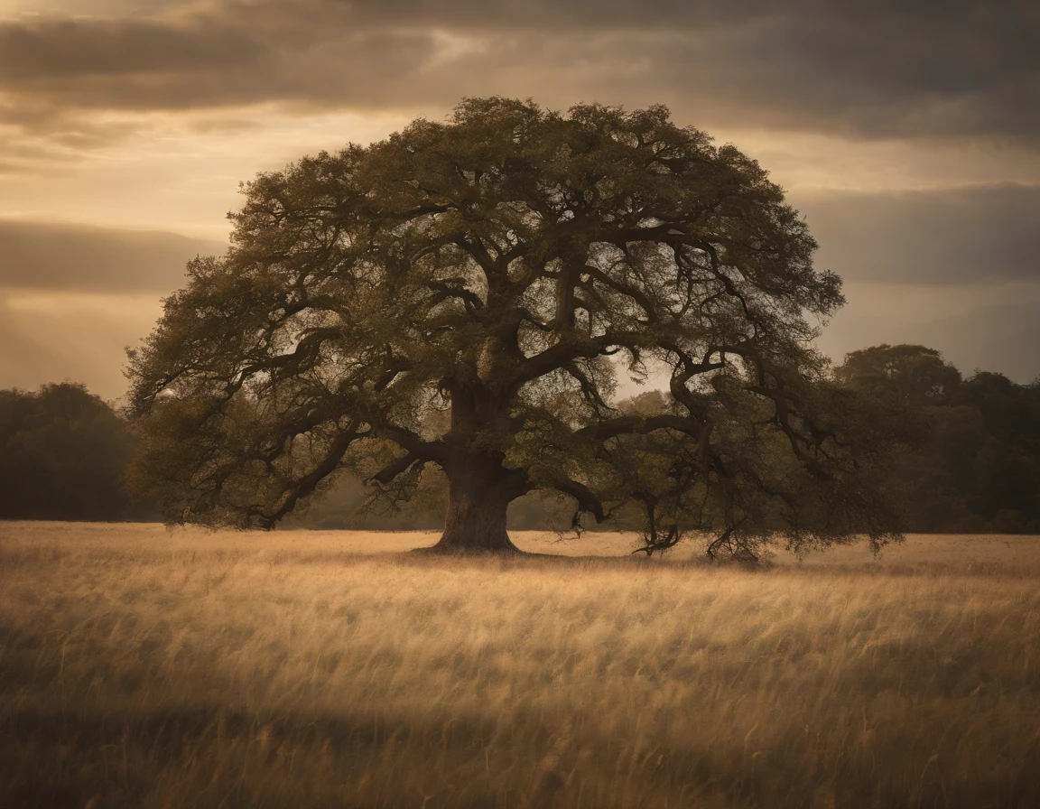 Photorealistic a majestic ancient Oak Tree in a field, atmosphere created through scumbling technique, style raw.