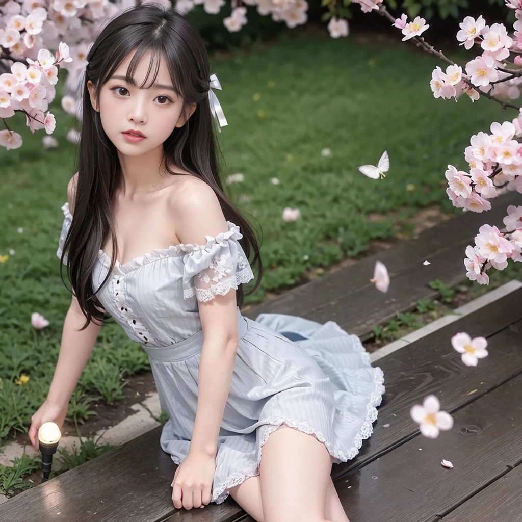 undergarment, photo of 16 years old girl, cute little, ((KPOP Idol)), ((Lace panties, pantyshot,White panties are visible))、 ((Physical education sitting、Sitting on the grass with both hands holding knees、A-shaped legs)), A dark-haired, blurry backround, knee high,all nude,full nude, head rest, Shot from below the front, plein air, ​masterpiece, top-quality, ultra-detailliert、neatly trimmed lawn,sitting on a small wooden stand,Carefree smile,Photographed from below,neatly trimmed lawn,no pantie,no underwear, Korean beauty girl,